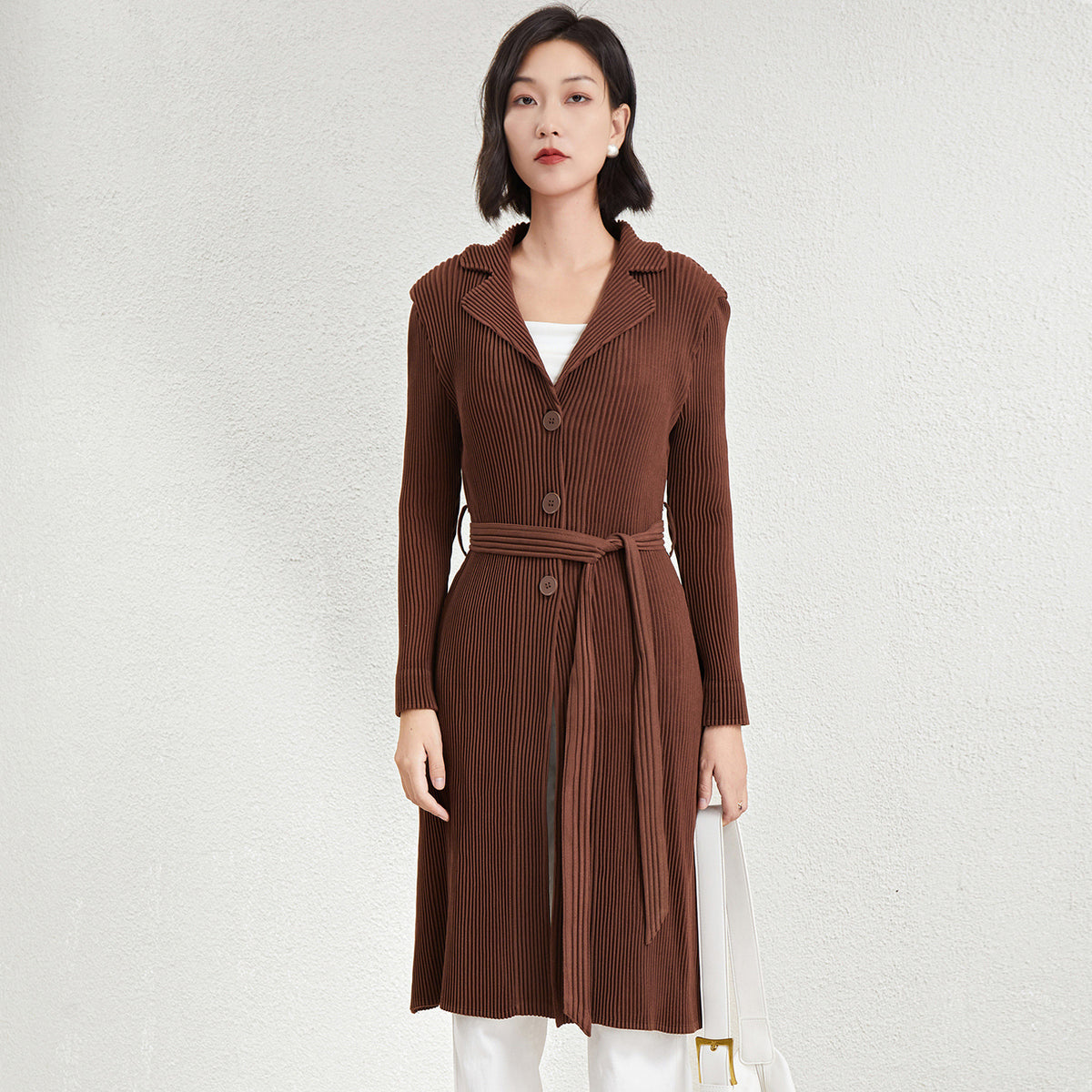 Pleated A-Line Mid-Length Trench Coat – Lace-Up Waist Women’s Outerwear