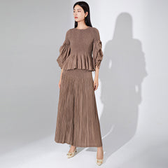 Pleated Two-Piece Set – Wide-Leg Pants & Top, Plus-Size Friendly Outfit for Women