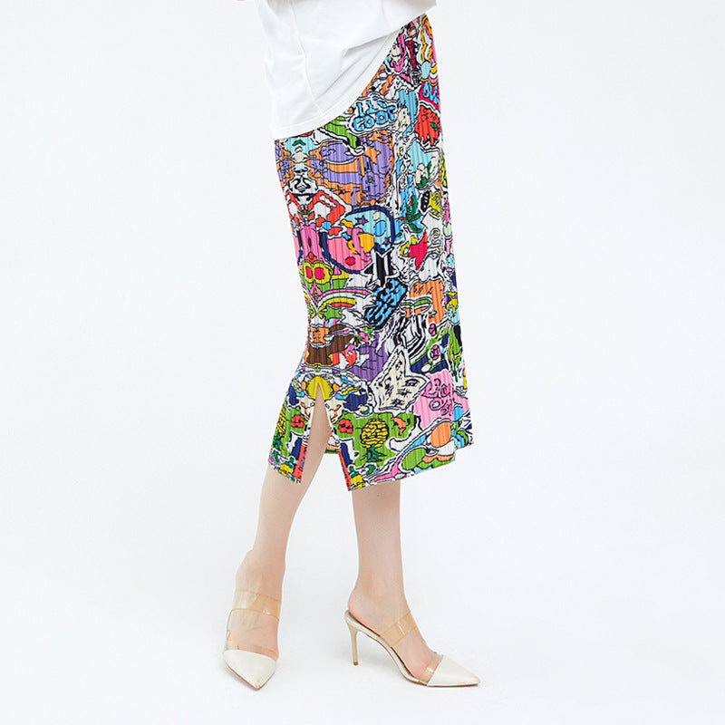 Pleated Graffiti Print A-Line Skirt – Slim Long Women’s Style