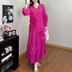Pleats Please Plus-Size Dress – Autumn Pleated Loose Maxi with Flared Sleeves