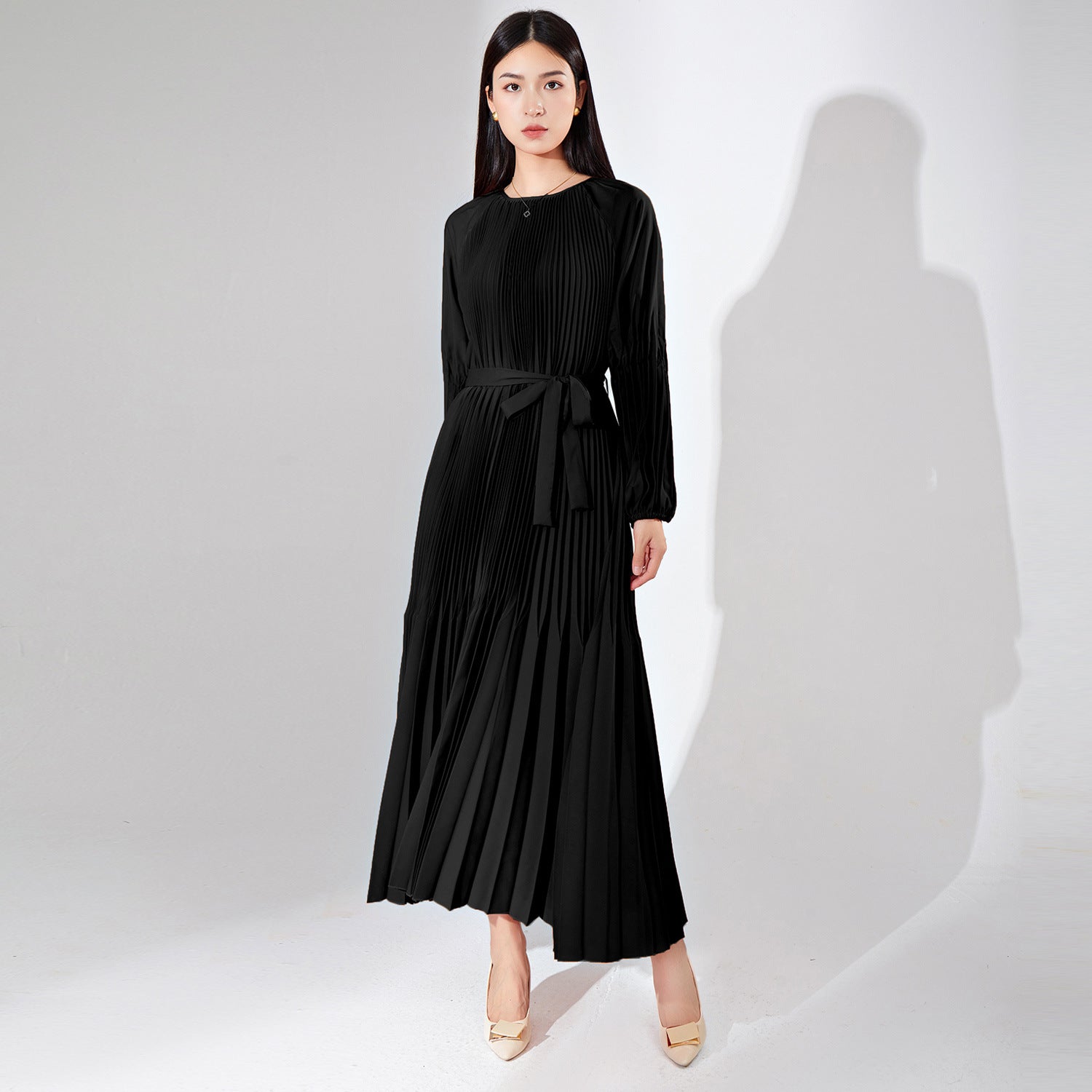Pleats Please Solid Color Maxi Dress – Lace-Up Waist Elegant Pleated Long Dress