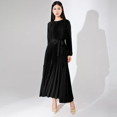 Pleats Please Solid Color Maxi Dress – Lace-Up Waist Elegant Pleated Long Dress