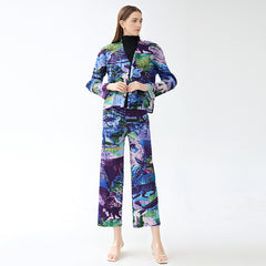 Pleated Printed Jacket and Pants Set – Chic Straight-Leg Two-Piece Outfit