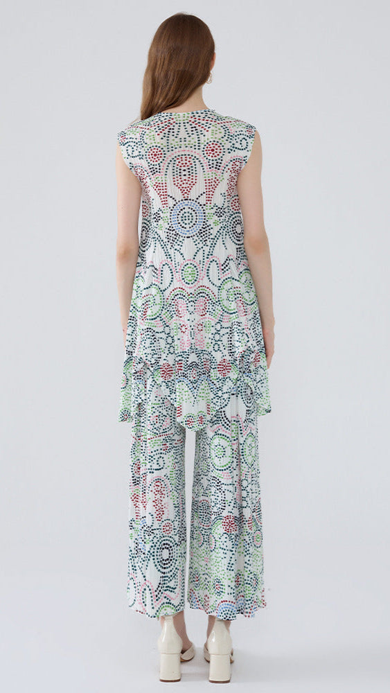 Boho Two-Piece Set – Dot Print Top and Pleated Wide-Leg Pants