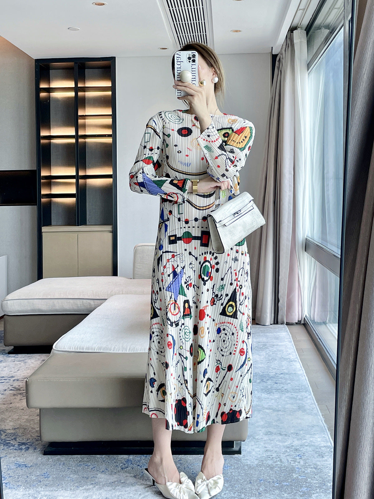 Women’s Autumn Pleated Maxi Dress – Printed Long-Sleeve Elegant Slim Fit Style