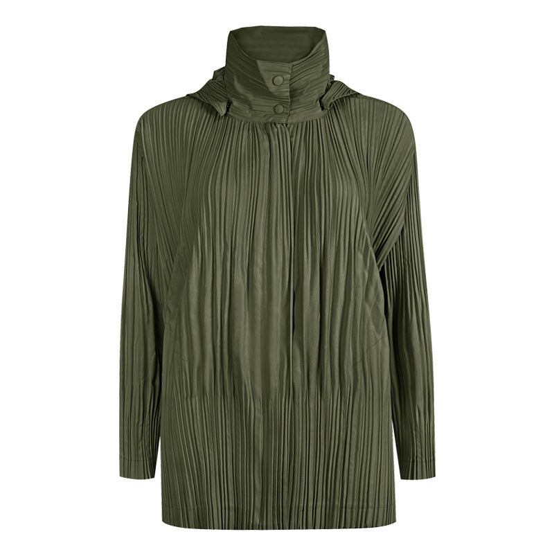 Pleats Please Short Trench Coat – Solid Color Pleated Jacket with Detachable Hood
