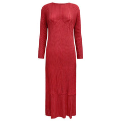 Pleated Fish Scale Maxi Dress – Solid Color Long Sleeve Elegance