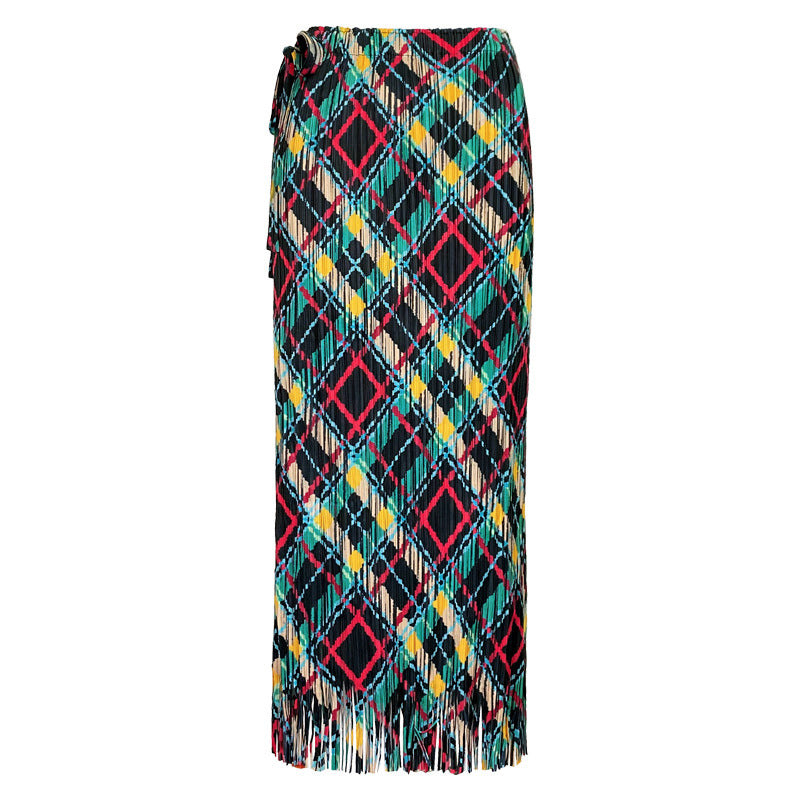 Pleats Please Two-Piece Set – Rhombic Pleated Top & Tassel A-Line Skirt
