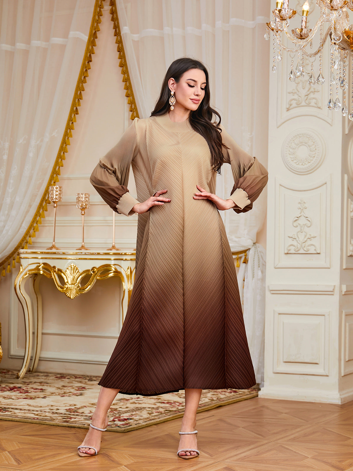 2025 Fall Winter Pleated Gradient Puff Sleeve Maxi Dress – Elegant Loose Dubai-Inspired Robe