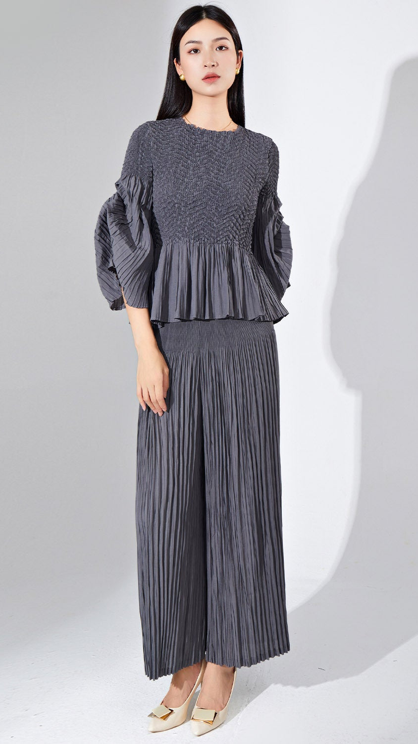 Pleated Two-Piece Set – Wide-Leg Pants & Top, Plus-Size Friendly Outfit for Women