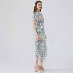 Boho Two-Piece Set – Printed Short Sleeve Top and Loose Skirt