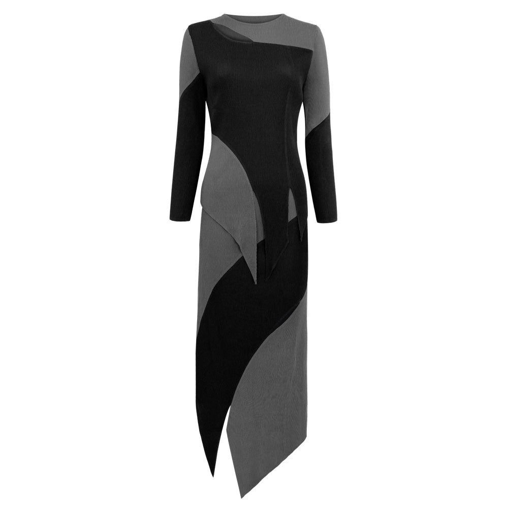 Pleated Two-Piece Suit – Contrast Slim Top and Irregular Skirt Set