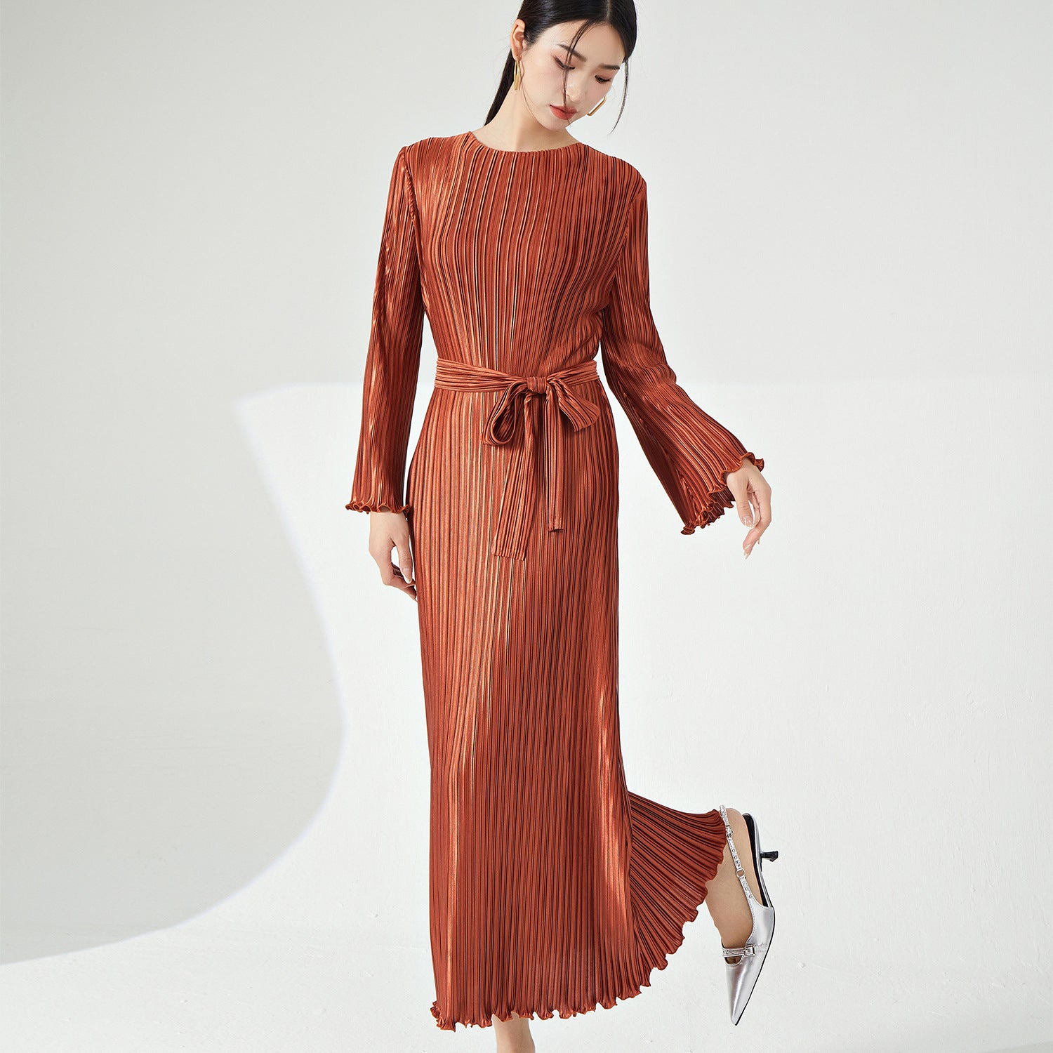 Pleats Please Long-Sleeve Maxi Dress – Pleated Lace-Up Waist Casual Style