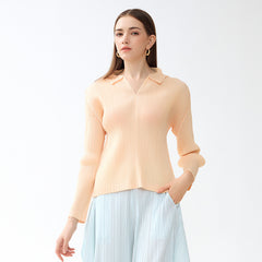 Pleated Polo Collar Top – Slim Fit Long Sleeve Casual Tee