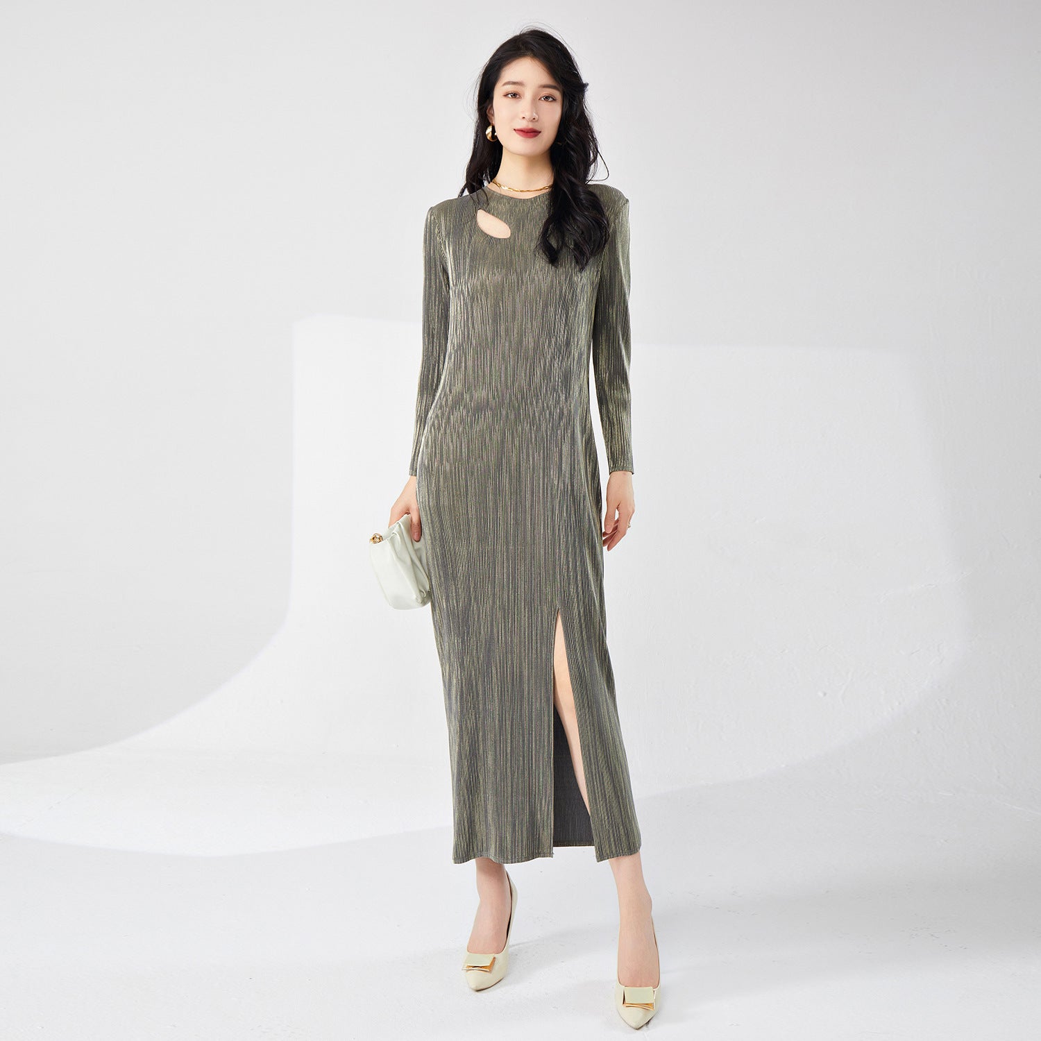 Pleats Please Bronzing Maxi Dress – Elegant Long-Sleeve Pleated Evening Style