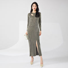 Pleats Please Bronzing Maxi Dress – Elegant Long-Sleeve Pleated Evening Style