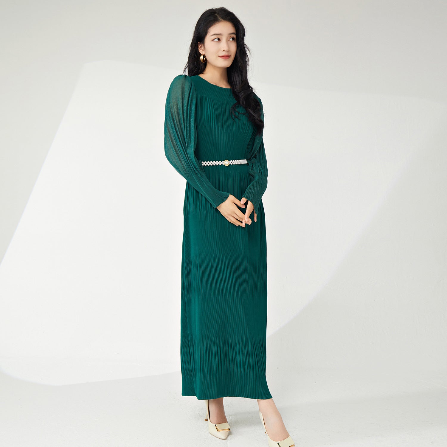 Pleats Please Lantern Sleeve Maxi Dress – Plus-Size Friendly Elegant Pleated Long Dress
