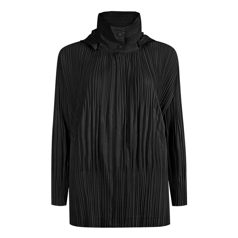 Pleats Please Short Trench Coat – Solid Color Pleated Jacket with Detachable Hood