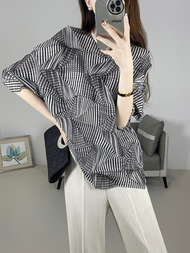 2025 Fall Winter Pleated Irregular Top – Loose Fit, 3/4 Sleeve Casual Slimming T-Shirt for Women