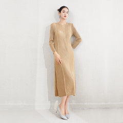 Pleated Metallic V-Neck Maxi Dress – Long Sleeve A-Line Elegance