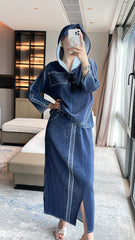 2025 Fall Winter Pleated Denim Two-Piece Set – Hooded Top & Slit Skirt, Casual Chic Style