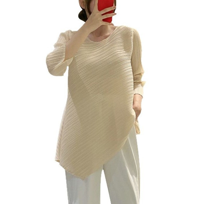 Pleats Please Irregular Pleated Top – Loose 3/4 Sleeve Crew Neck T-Shirt