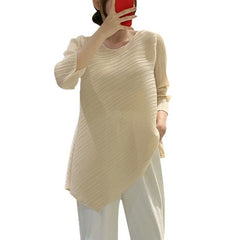 Pleats Please Irregular Pleated Top – Loose 3/4 Sleeve Crew Neck T-Shirt