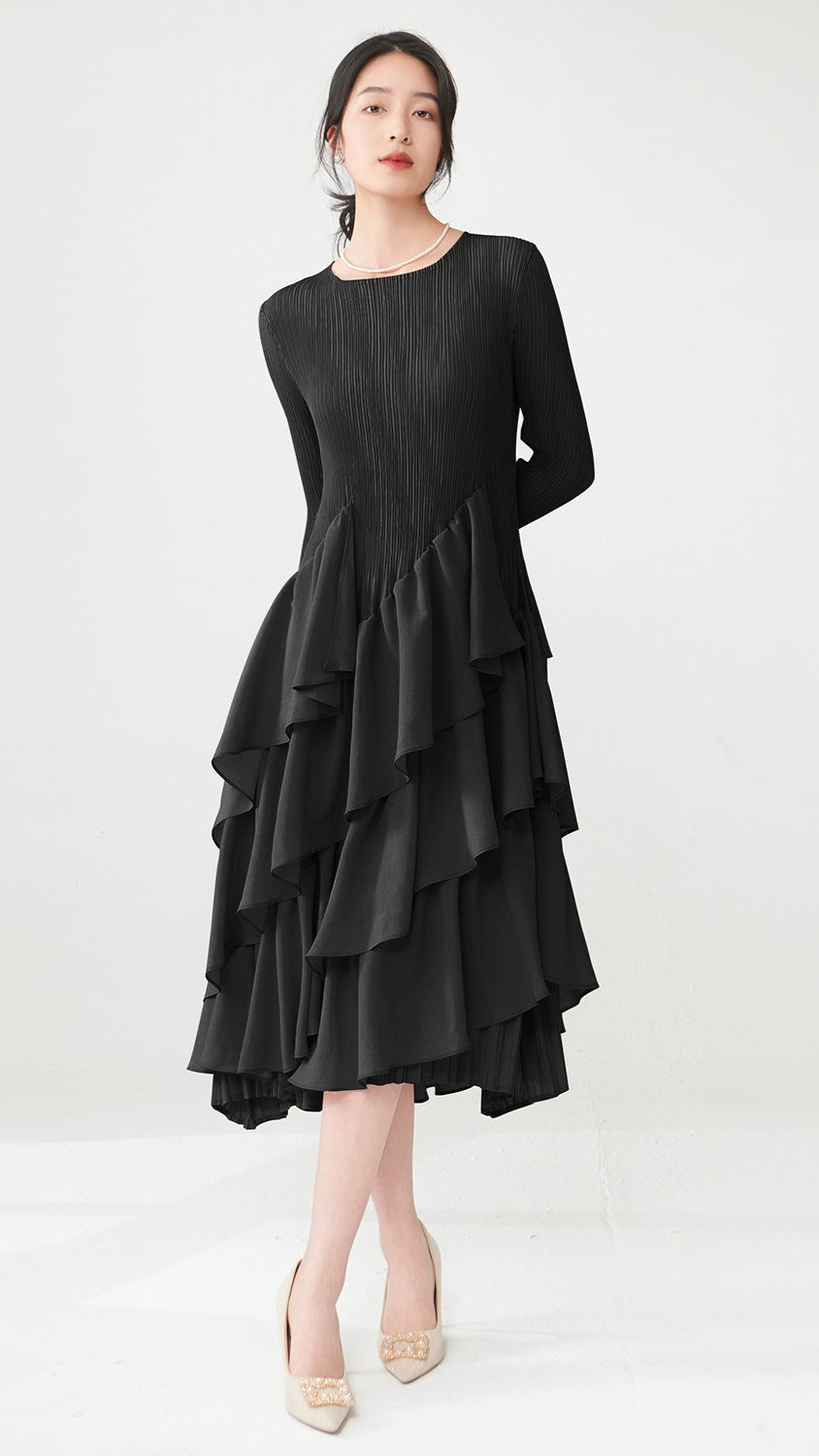 Pleats Please Ruffled Long-Sleeve Dress – Elegant Pleated Midi with Feminine Detail