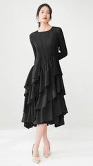 Pleats Please Ruffled Long-Sleeve Dress – Elegant Pleated Midi with Feminine Detail