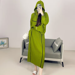 2025 Fall Winter Pleated Two-Piece Set – Sporty Hooded Zipper Jacket & Versatile Skirt