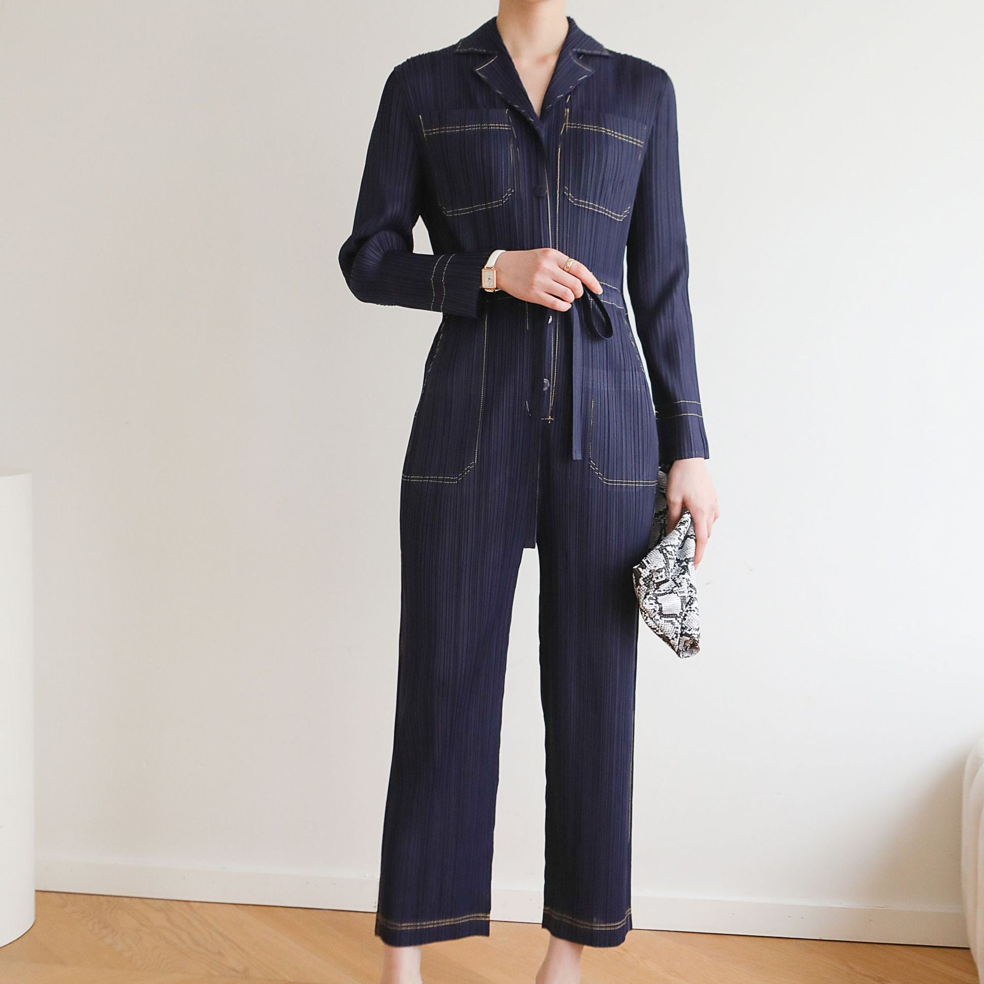Pleated Denim Jumpsuit – Casual Korean Style with Lace-Up Waist & Tunic Design