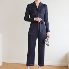 Pleated Denim Jumpsuit – Casual Korean Style with Lace-Up Waist & Tunic Design
