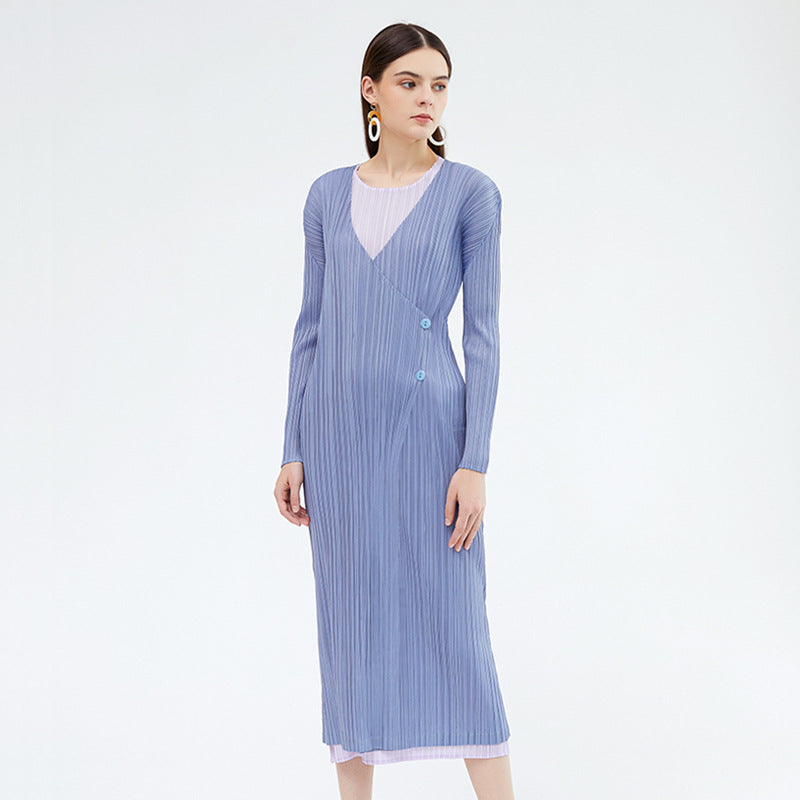 Pleats Please Long Trench Coat – Solid Color Pleated Double-Breasted Style