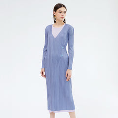 Pleats Please Long Trench Coat – Solid Color Pleated Double-Breasted Style
