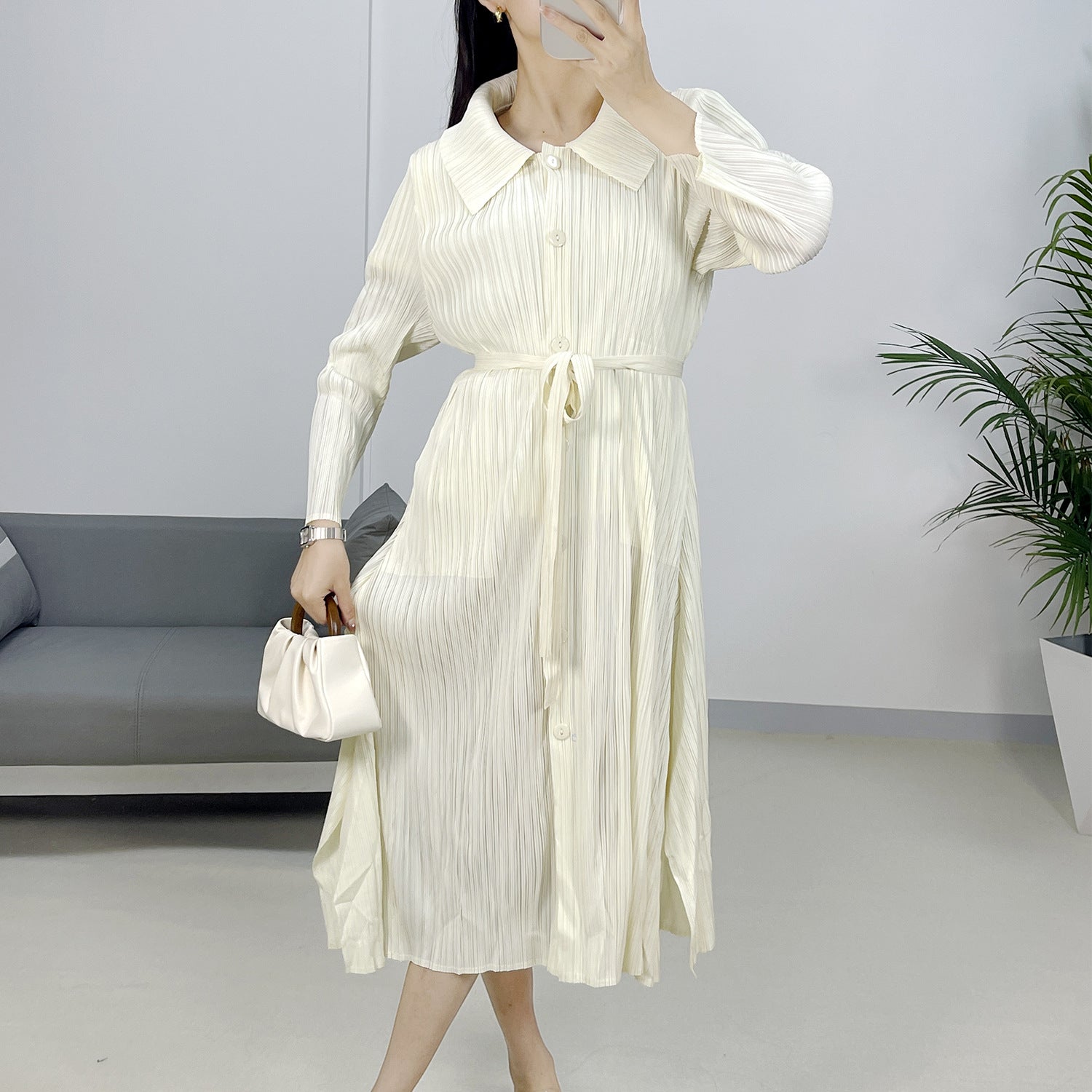 2025 Fall Winter Pleated Tie-Waist Dress – Stretchy Loose Fit, Elegant & Versatile Style for Women