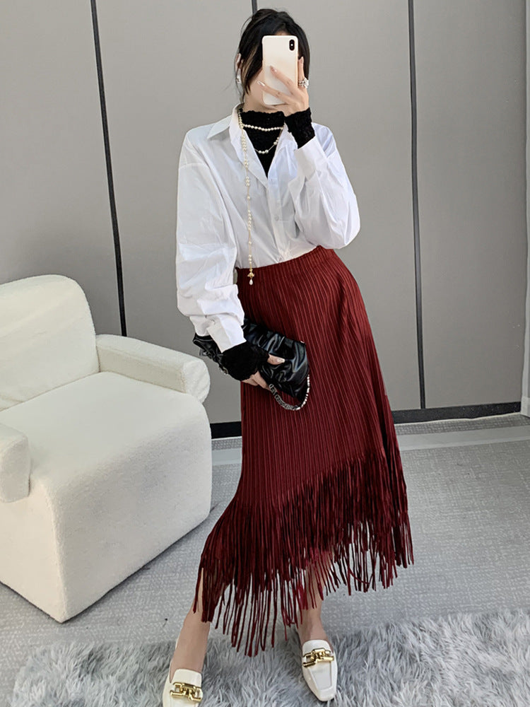 Women’s Fall Pleated Midi Skirt – Fringe Detail High-End Style