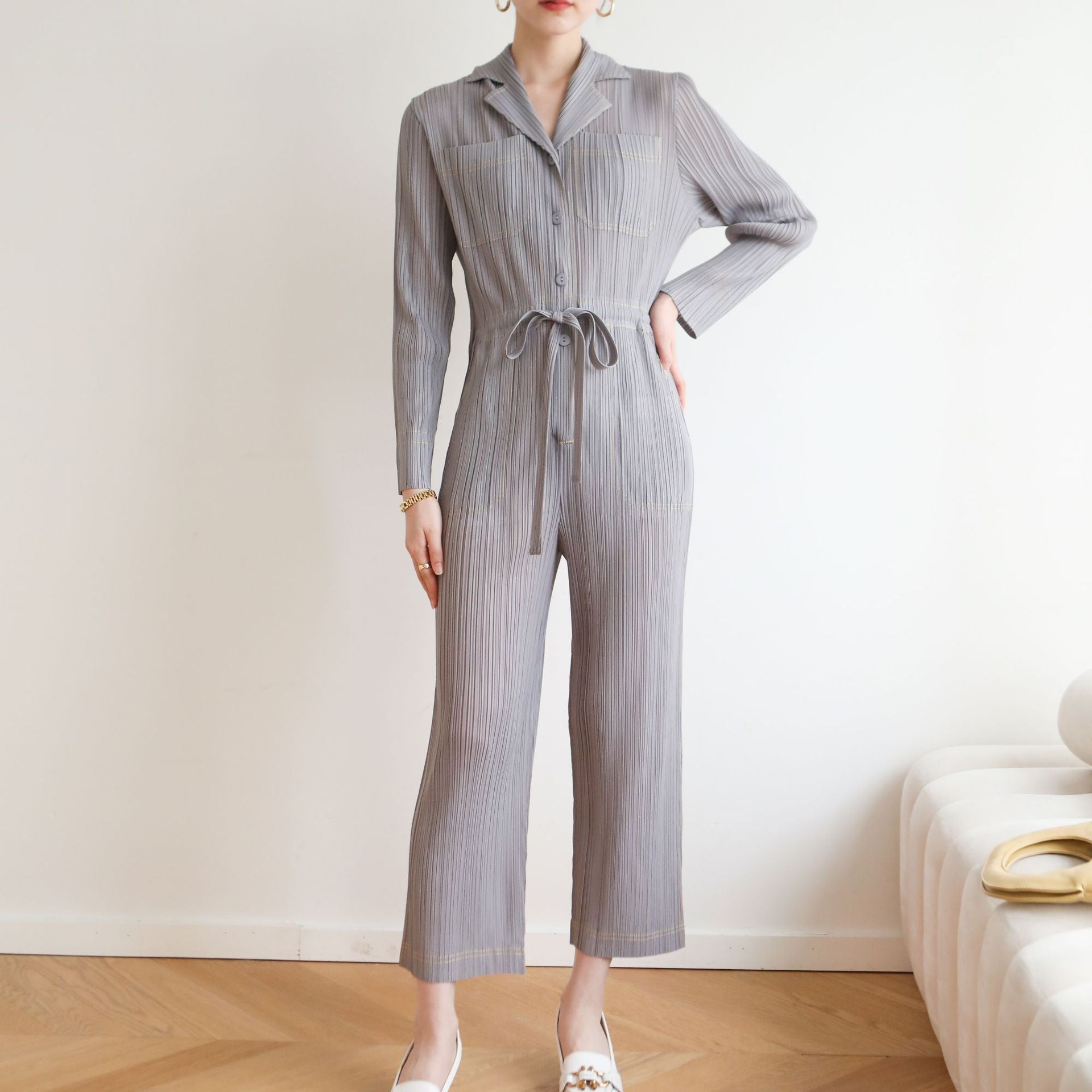 Pleated Denim Jumpsuit – Casual Korean Style with Lace-Up Waist & Tunic Design