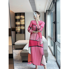 Women’s Spring Pleated Maxi Dress – Geometric Print Slim Fit Elegant Style