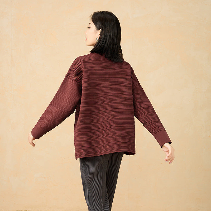 2025 Fall Winter High Neck Pleated Sweater – Retro Loose Fit, Cozy Thick Knit Pullover for Women