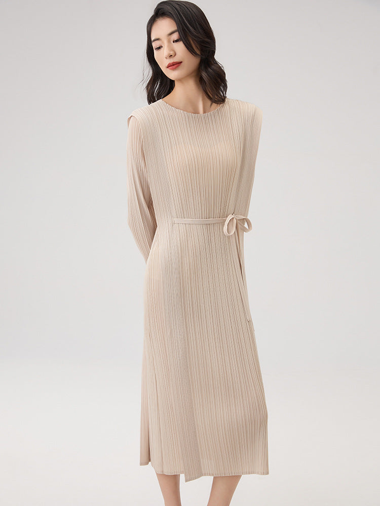 2025 Spring Summer Pleated Maxi Dress – Solid Color, Crew Neck, Lace-Up Waist, Elegant Style