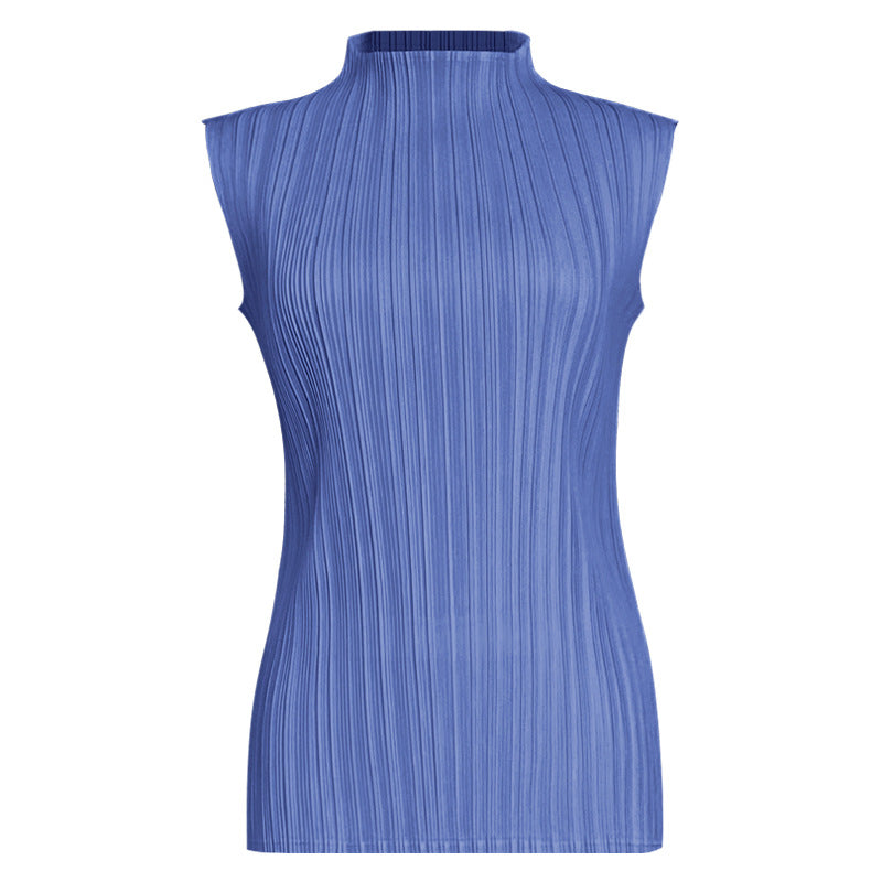 Pleats Summer Slim Sleeveless High-Neck Pleated Vest – Elegant Basic Top