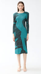Pleated Gentle Print A-Line Dress – Slim Long Sleeve Elegant Style