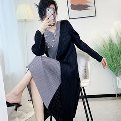 Women’s Spring Pleated Midi Dress – French Splicing Design, Feminine Slim Fit Style