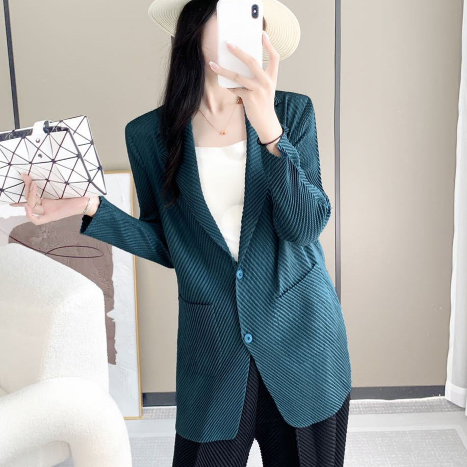Pleated Fish Scale Cardigan – Suit-Collar Lightweight Layer for Women