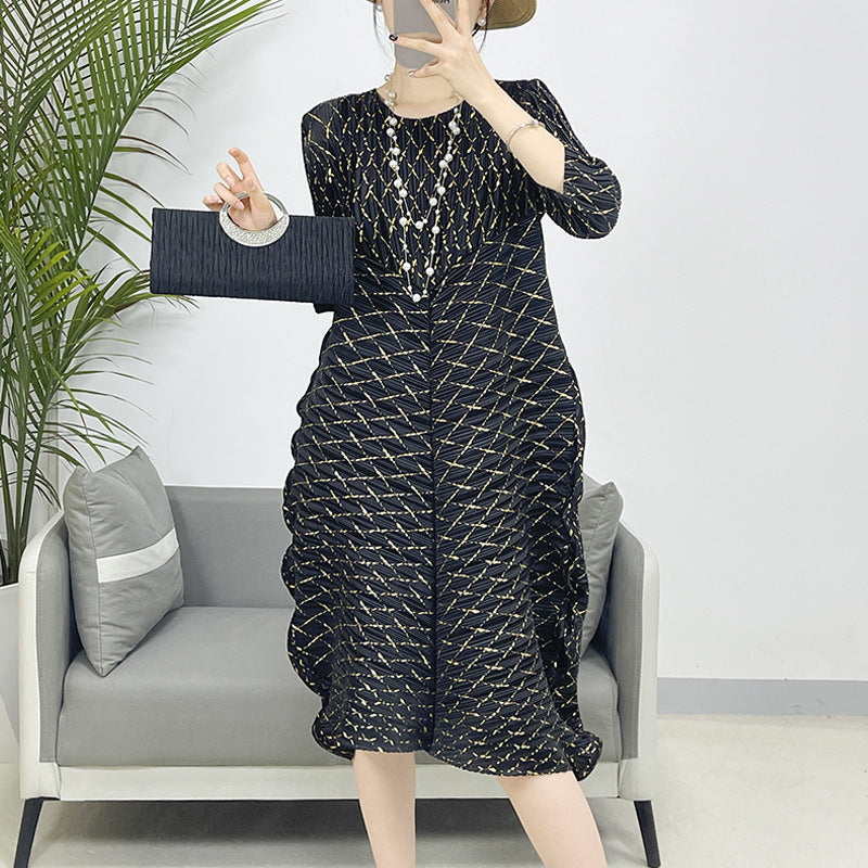 2025 Fall Winter Pleated Metallic Dress – Loose Fit, Elegant Casual Maxi Style for Women