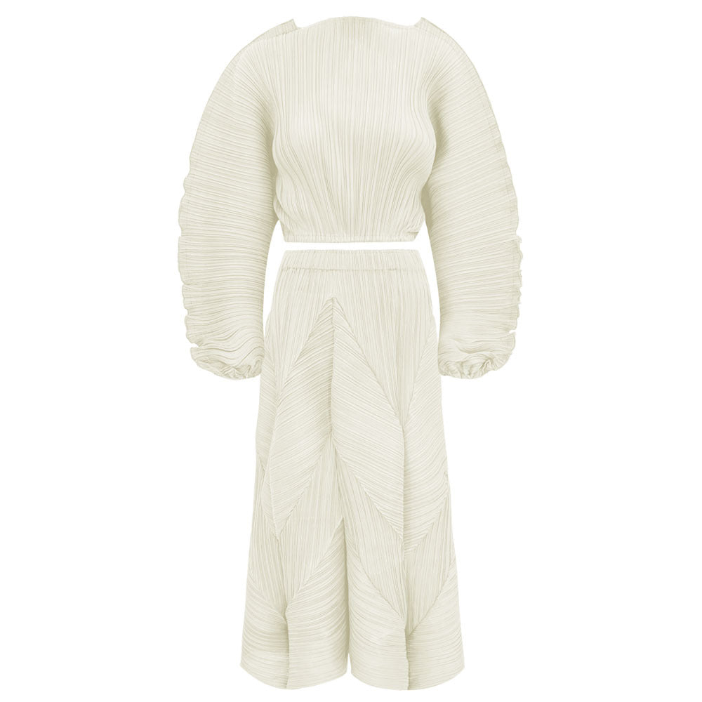 Pleated Short Top and Bubble Skirt Set – Stylish Two-Piece Women’s Outfit