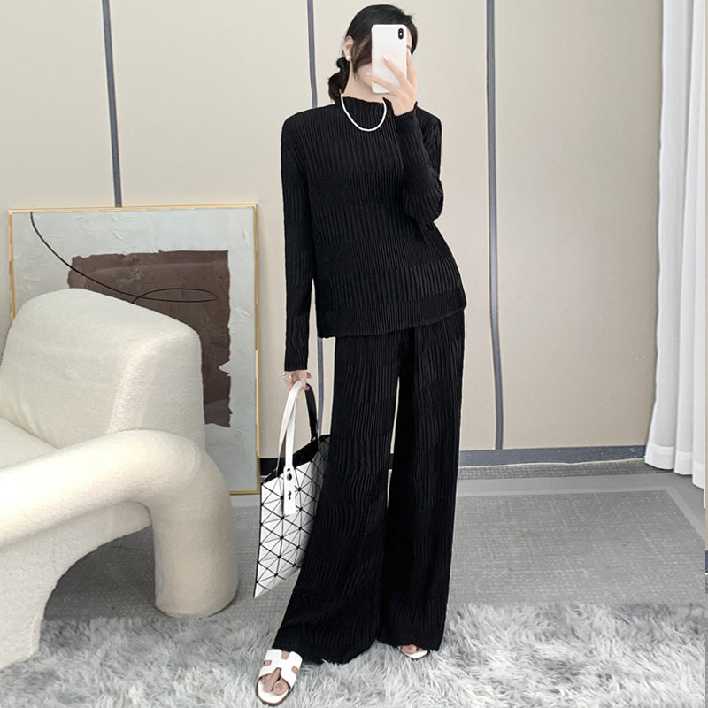 Women’s Fall Pleated Two-Piece Set – Crew Neck Top and Wide-Leg Pants