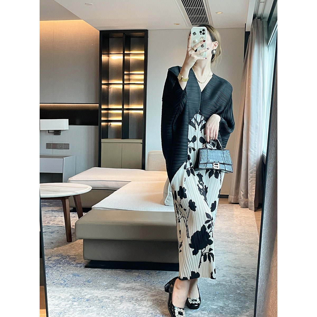 Women’s Spring Pleated Maxi Dress – French Print Elegant Loose-Fit Long Dress