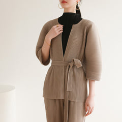 Pleated Two-Piece Set – Lace-Up Cardigan Jacket & Cropped Pants, Casual Chic Style