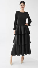 Pleats Please Long-Sleeve A-Line Dress – Elegant Layered Cake Pleated Maxi